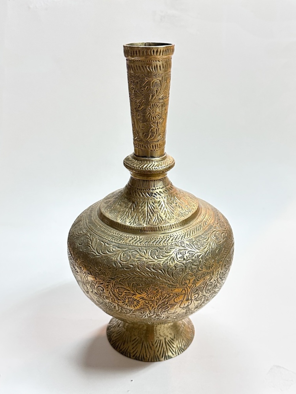 Vintage Etched Floral Brass Vase India Engraved 10" Tall Oxidized Gold Tone Aged